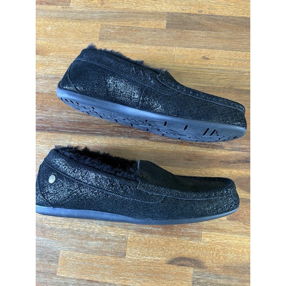 Abeo Leather Slippers Size 8 Black Leather Sparkle Moccasins Sheepskin Lining - Picture 4 of 16